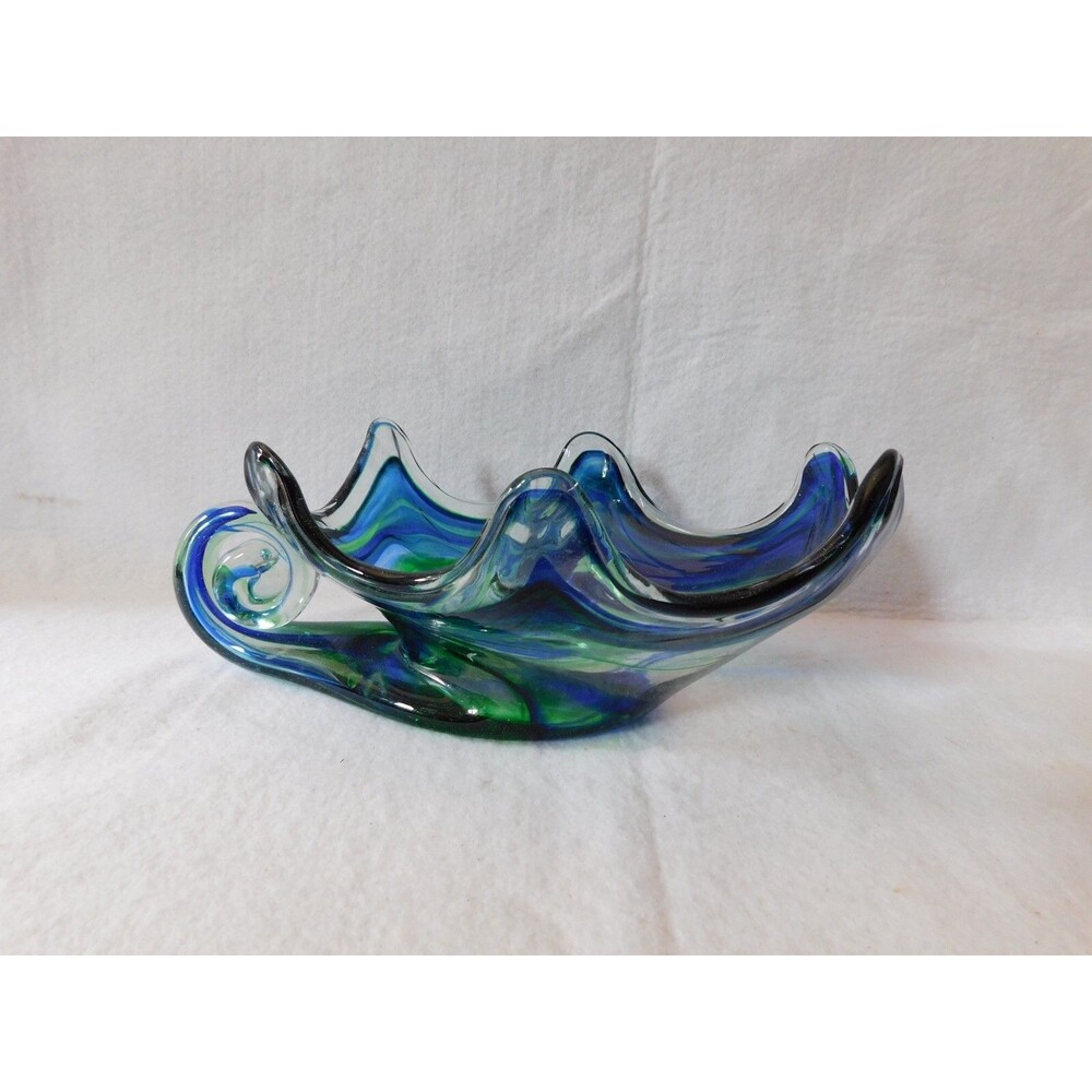 Vintage Sooner Art Glass Freeform Bowl – Blue Green Swirl – Hand Blown Oklahoma